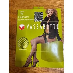 Vtg 90s Vassarette Fashion Fishnet Thigh Highs Black Medium Lace Top